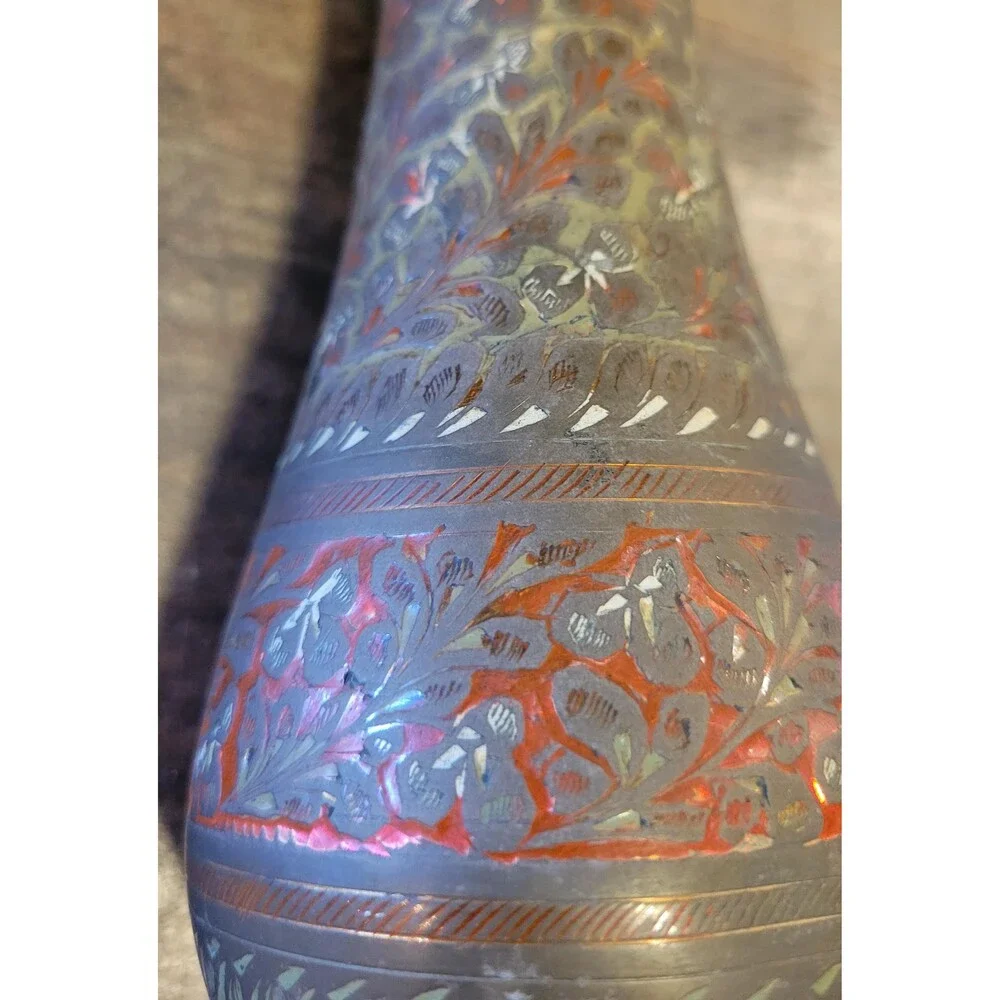 Solid Brass Red & White Enameled Vase - Made in India - 9
